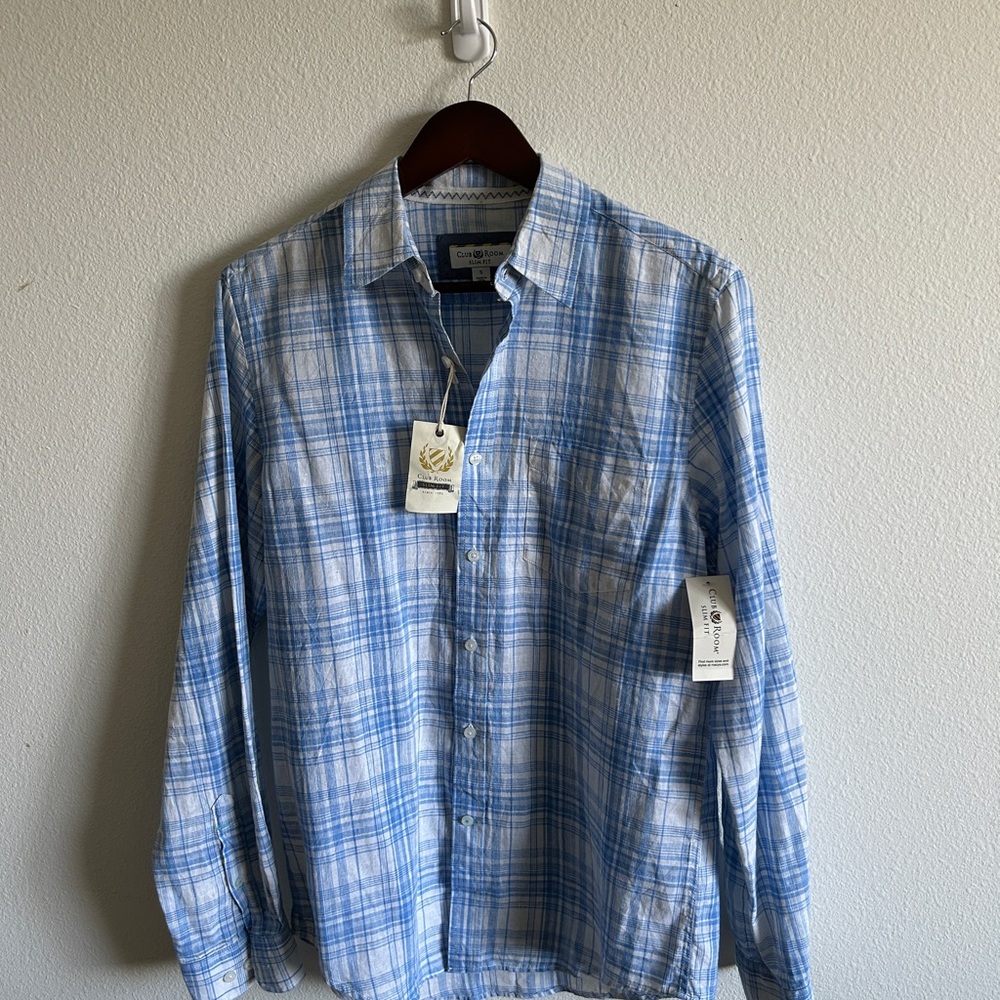 ‘Club Room’ Light Blue and White Plaid Button-Down Shirt